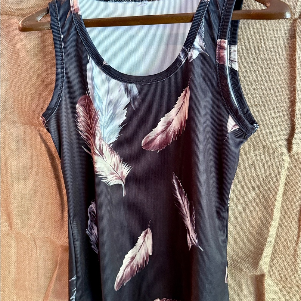 Feather Print Black Tank Top